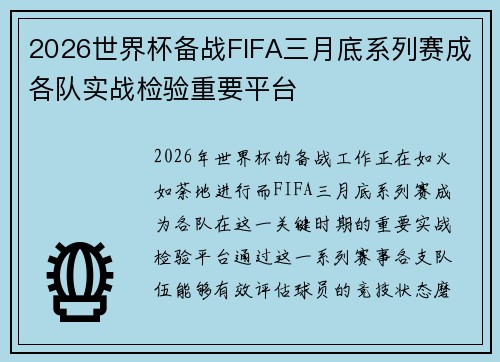2026世界杯备战FIFA三月底系列赛成各队实战检验重要平台